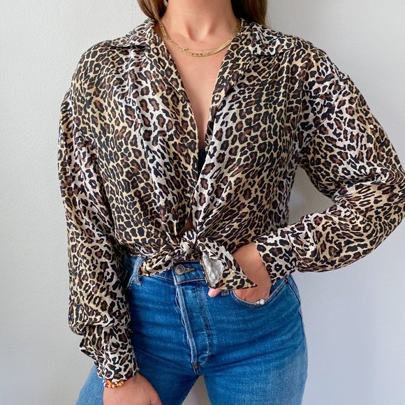 Vintage Tops - Vintage 100% Silk Cheetah Button Down Blouse